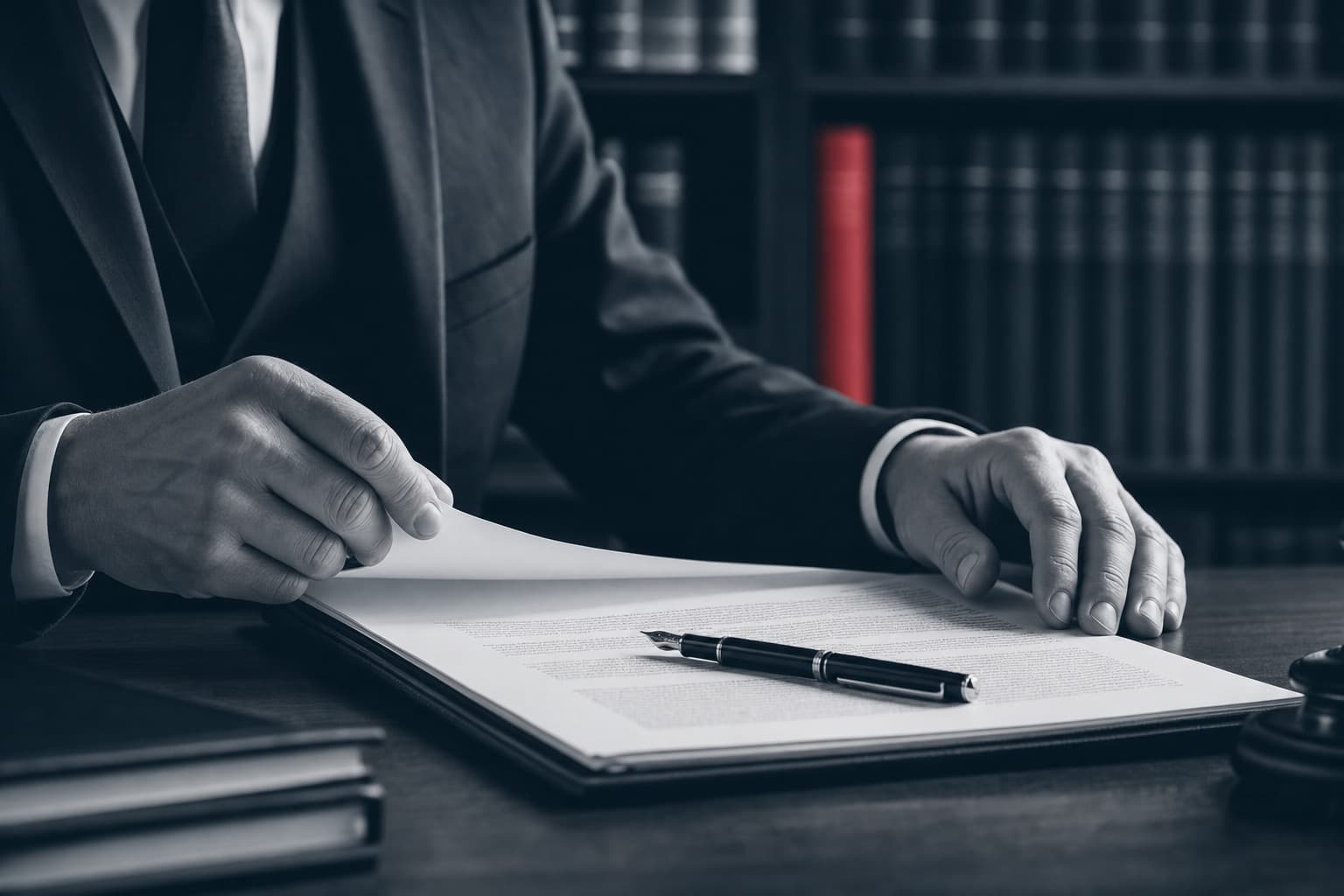An attorney reviewing printed documents at a walnut desk with a fountain pen, law books in the background