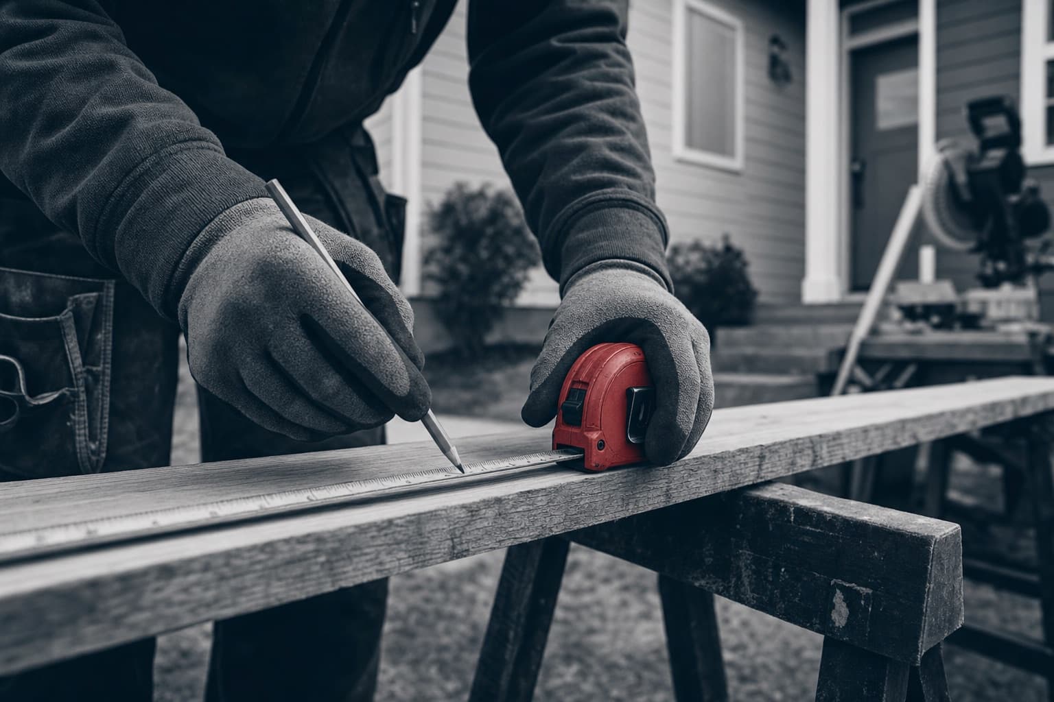 A carpenter measuring a wooden board on sawhorses at a residential job site with a red tape measure