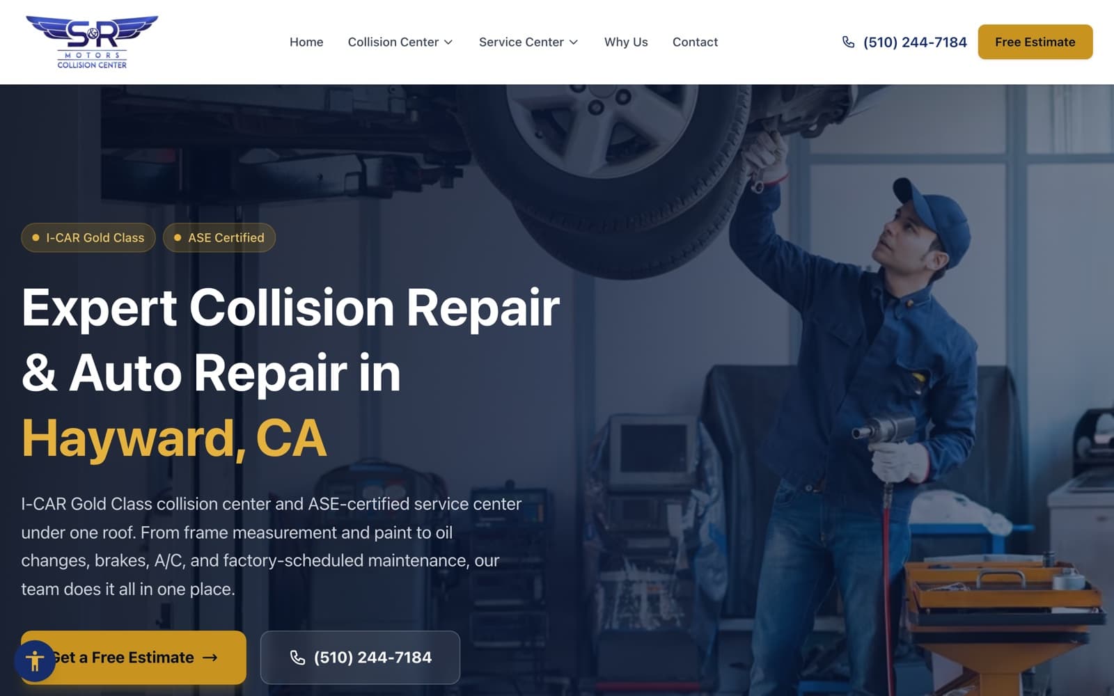 Homepage of the S&R Motors Collision Center website showing collision and auto repair services in Hayward, California