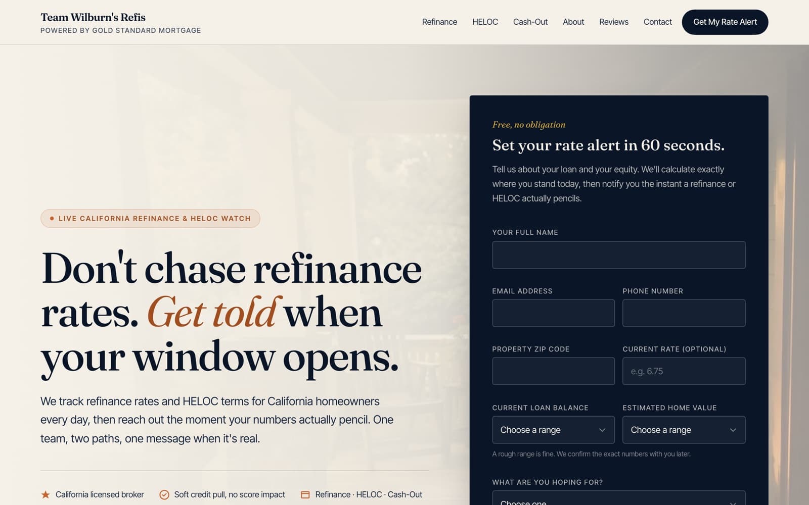 Homepage of the Team Wilburn's Refis website showing California refinance and HELOC rate alerts