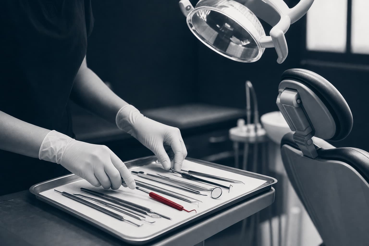 Gloved hands arranging instruments on a tray in a dental operatory beside the exam chair