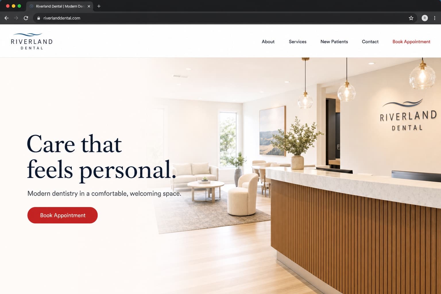Illustration of a modern dental practice website homepage shown in a browser window, an example of the kind of website RedBear Labs designs and builds