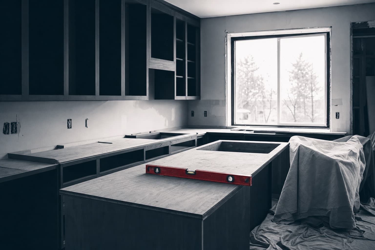 A kitchen in mid-remodel with partly installed cabinets and a red spirit level resting on the plywood counter