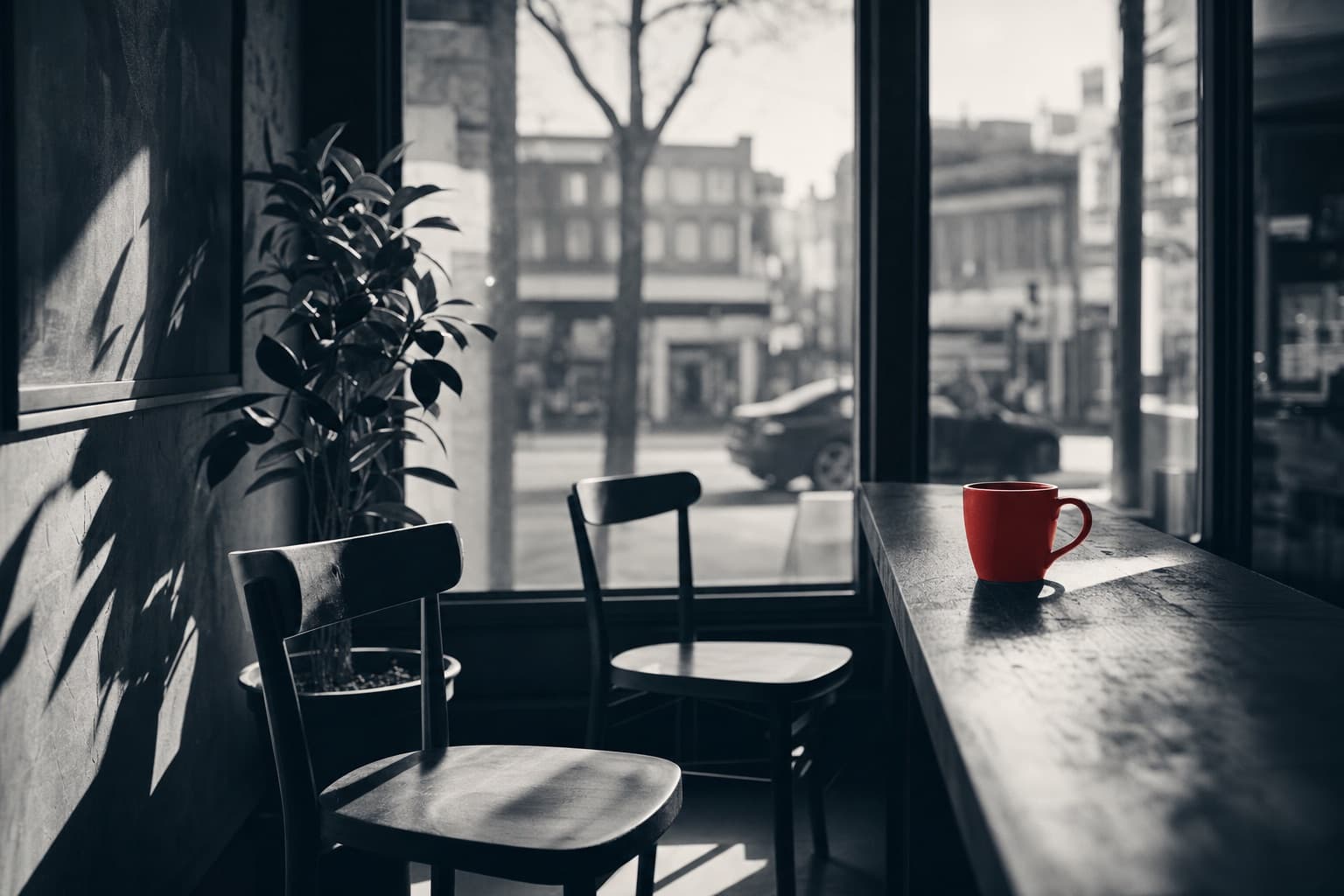 Morning light falling through a small business storefront window onto a counter with a red coffee mug