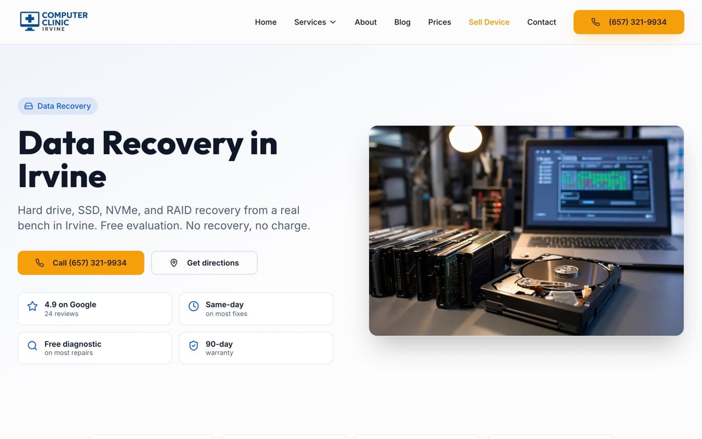 The data recovery service page on the Computer Clinic Irvine website, one of fourteen dedicated service pages