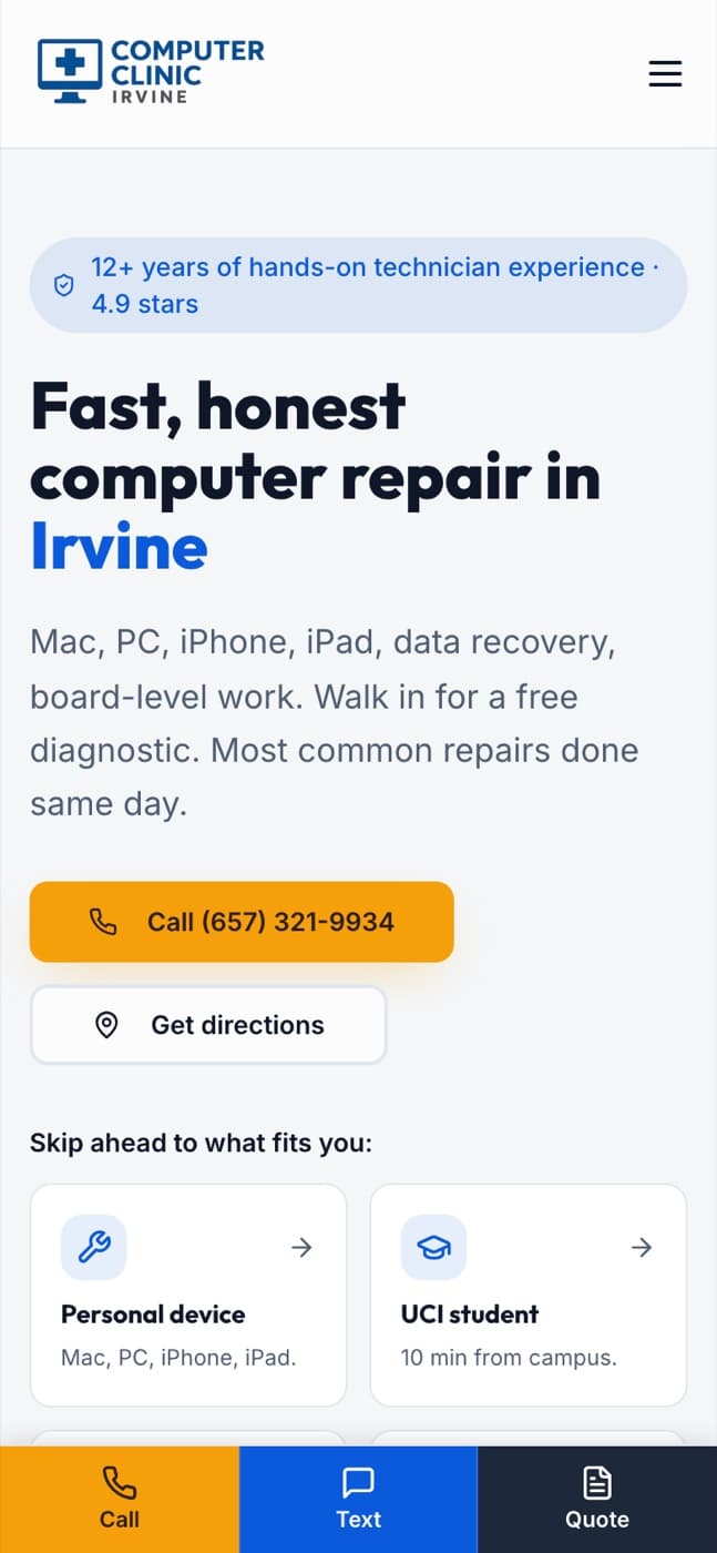The Computer Clinic Irvine website on a mobile phone screen with the call, text and quote bar visible