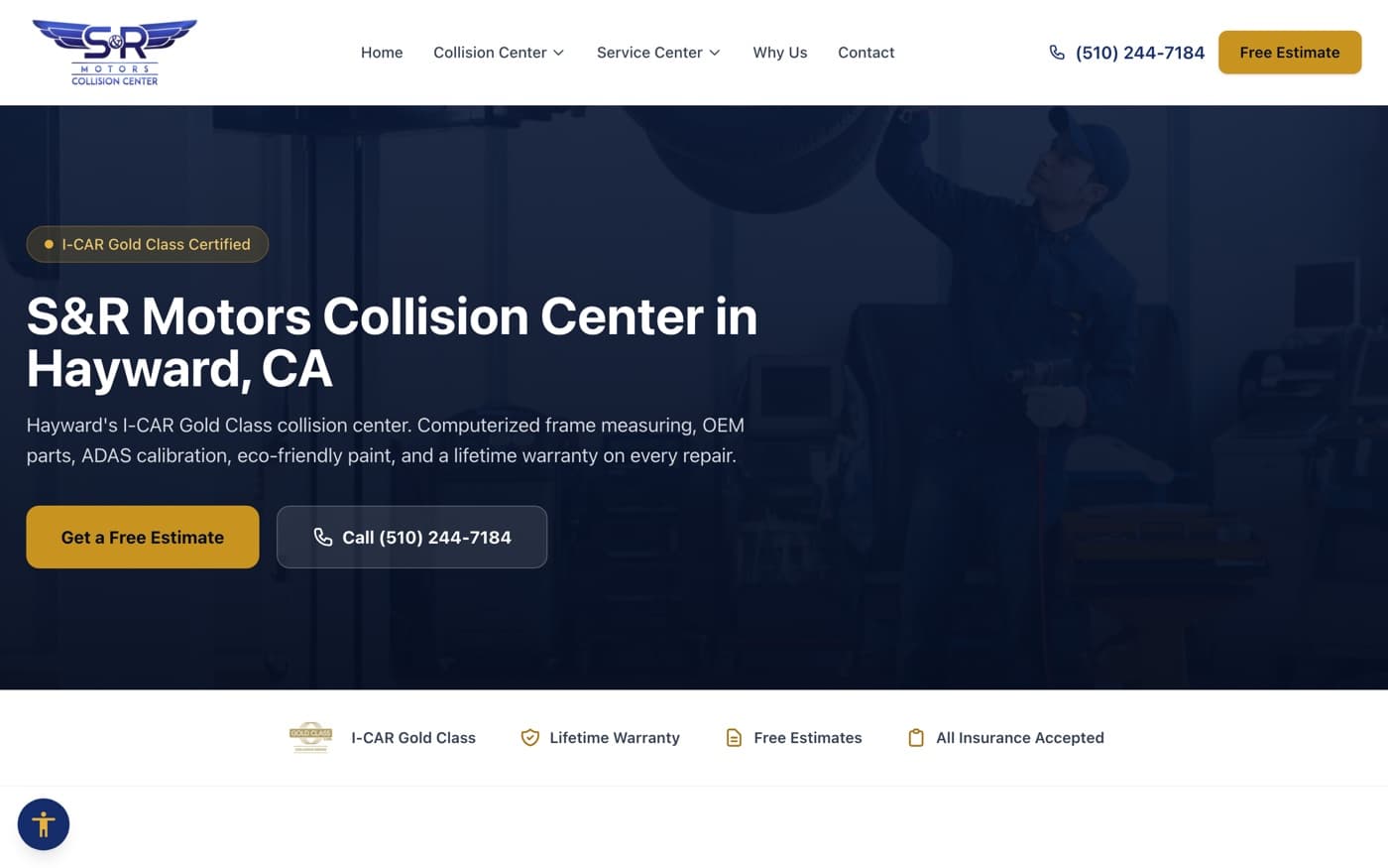The collision center hub page on the S&R Motors website listing the collision repair services offered