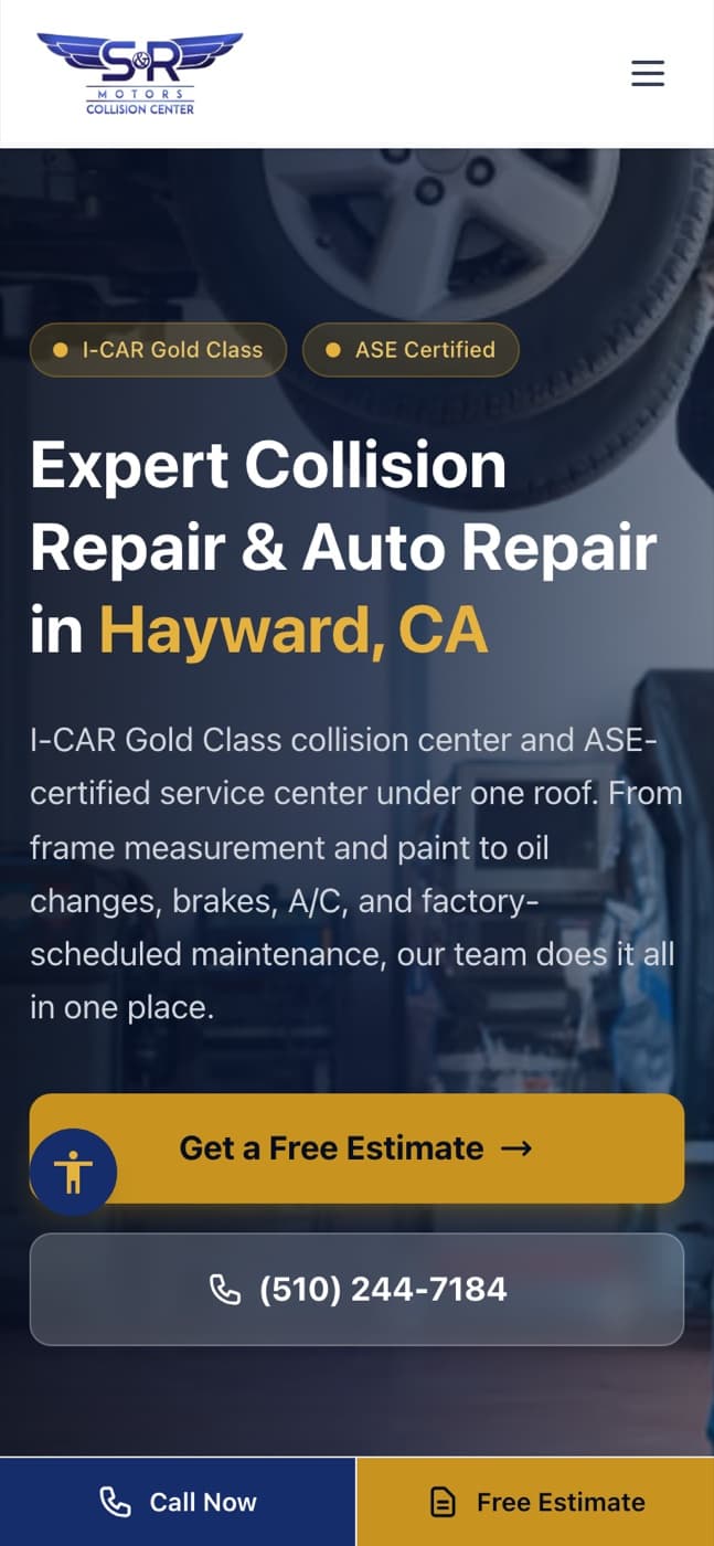 The S&R Motors website on a mobile phone screen with the call and estimate actions in reach