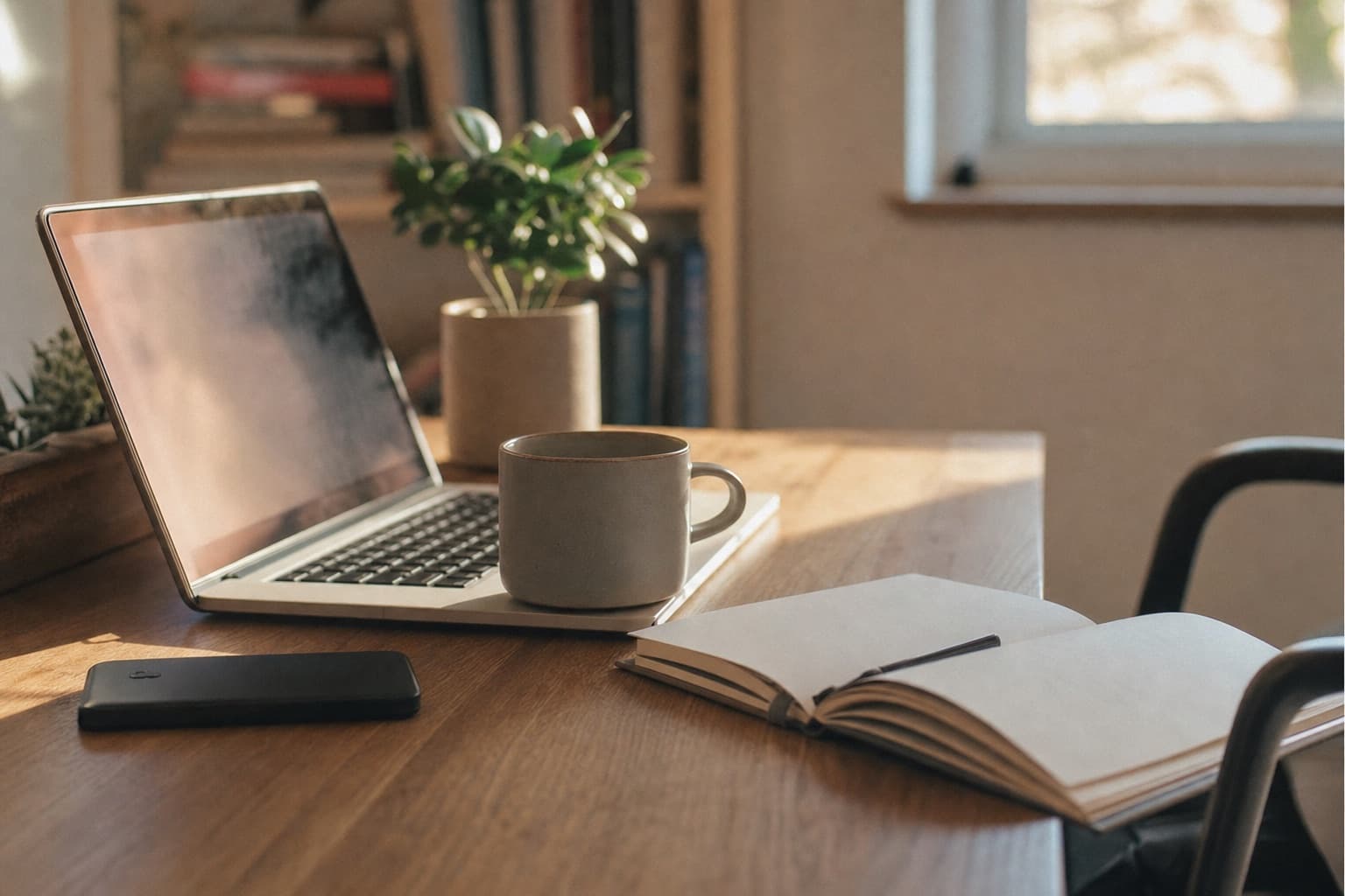 A tidy desk in warm morning light with a laptop, open notebook, coffee, and a small plant