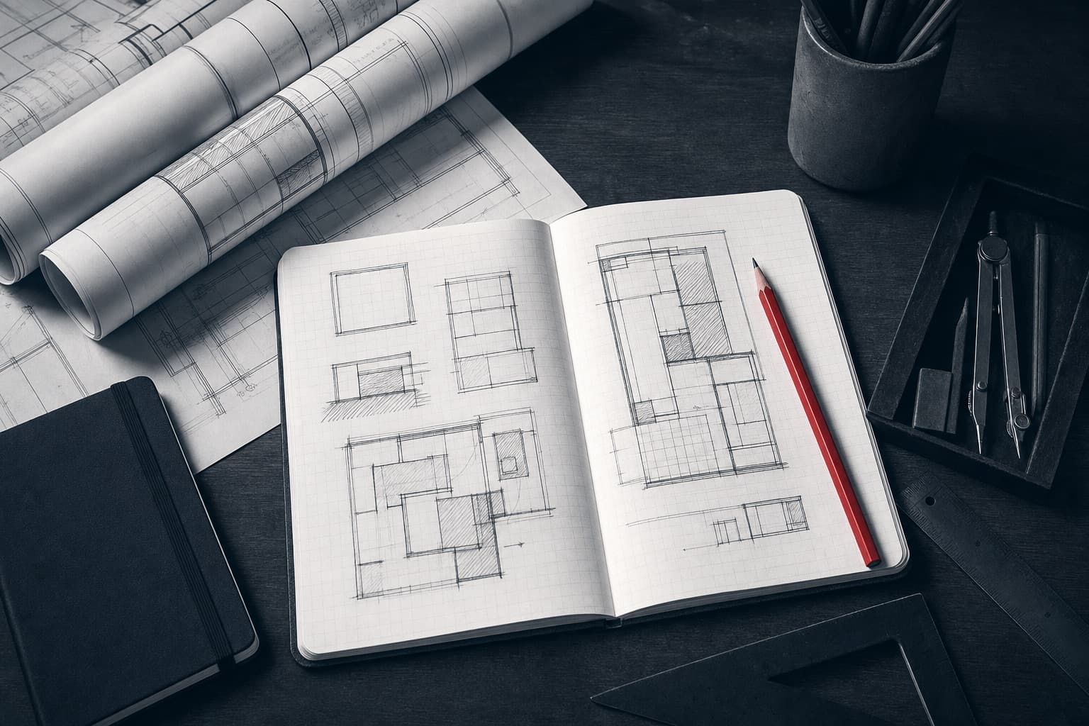 A planning desk seen from above with rolled plans, drafting tools, a sketched layout grid, and a red pencil