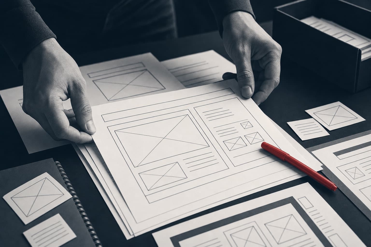Hands aligning printed wireframe sheets on a desk with a red marker resting on the top page